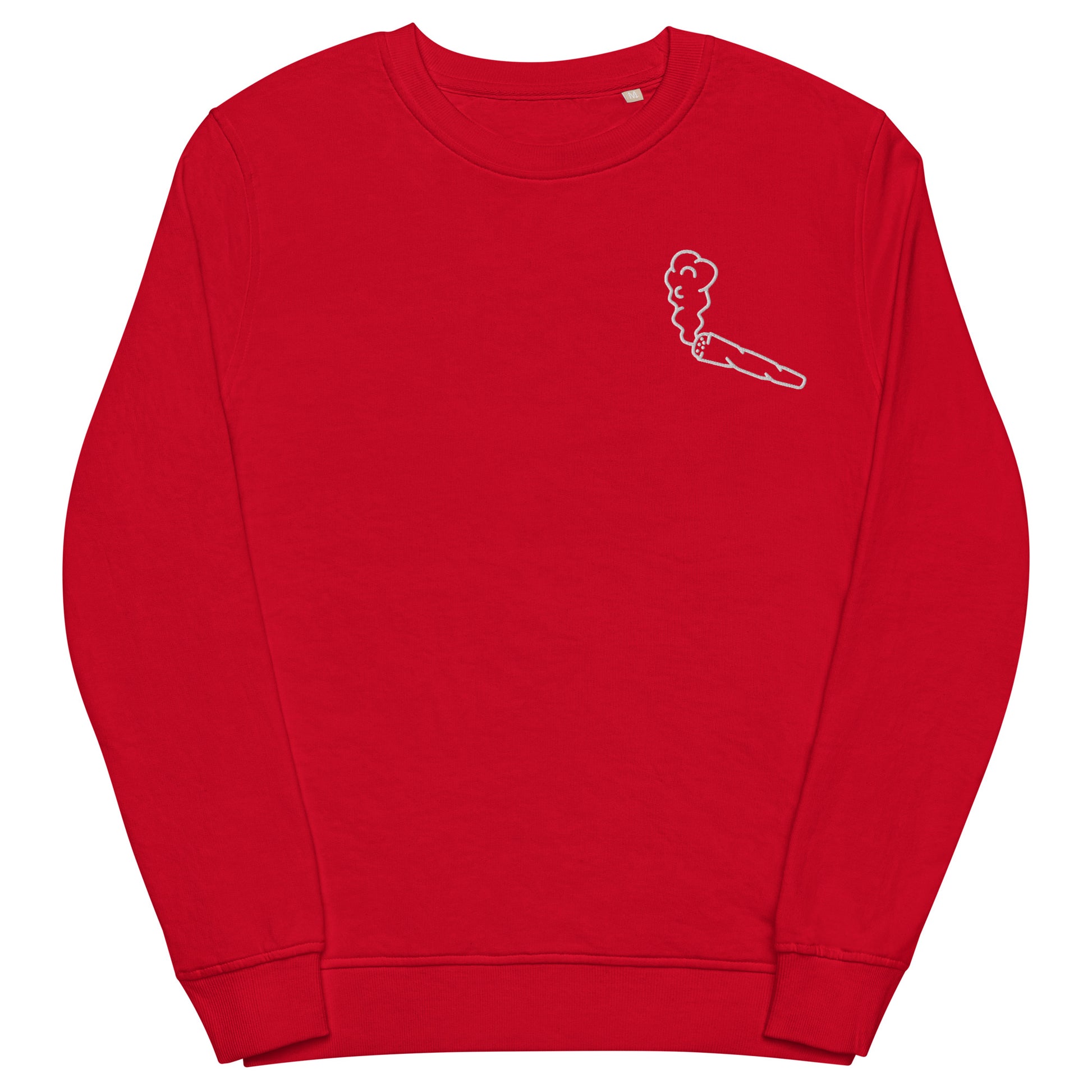 Image of the red Doobie Sweatshirt by CanEmpire. This sweatshirt is part of The Ultimate CanGame official merch and features an exclusive embroidered joint design on the heart. Made of organic cotton and recycled polyester, this soft sweatshirt is ideal for cannabis enthusiasts and is available for purchase at www.canempire.ca .