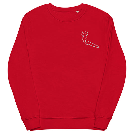 Image of the red Doobie Sweatshirt by CanEmpire. This sweatshirt is part of The Ultimate CanGame official merch and features an exclusive embroidered joint design on the heart. Made of organic cotton and recycled polyester, this soft sweatshirt is ideal for cannabis enthusiasts and is available for purchase at www.canempire.ca .