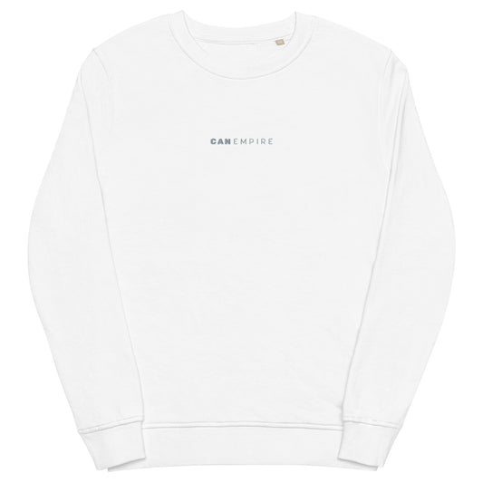 Image of the white sweatshirt from CanEmpire's official merch collection. This sweat features a small and classy logo of CanEmpire in the middle of the chest. Made of organic cotton and recycled polyester, this soft sweatshirt is ideal for cannabis enthusiasts and is available for purchase at www.canempire.ca .