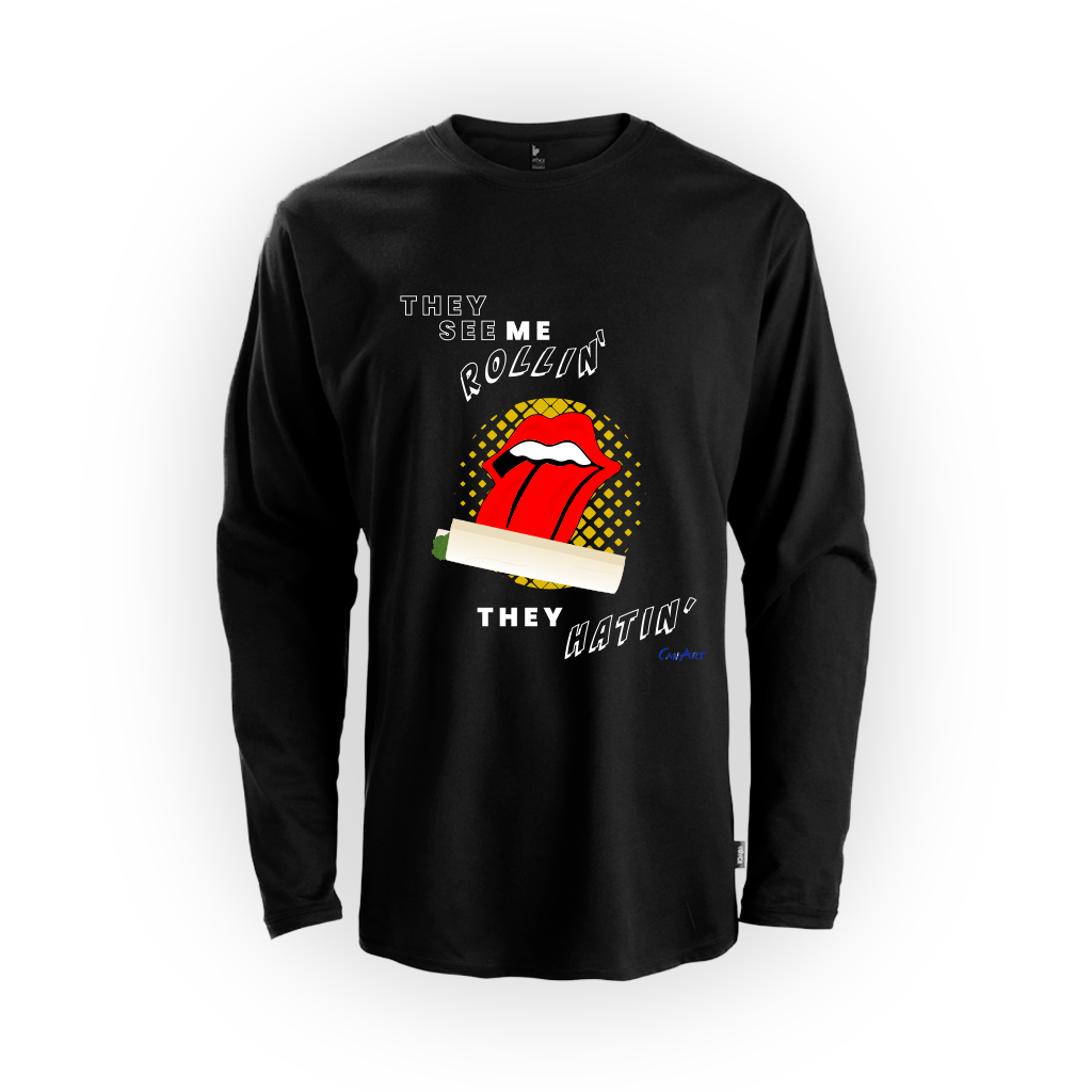 Image du t-shirt manches longues noir They See Me Rollin' de CanEmpire. Ce chandail présentant une illustration suivant la thématique du cannabis est fabriqué au Canada avec un tissu 100% coton biologique!