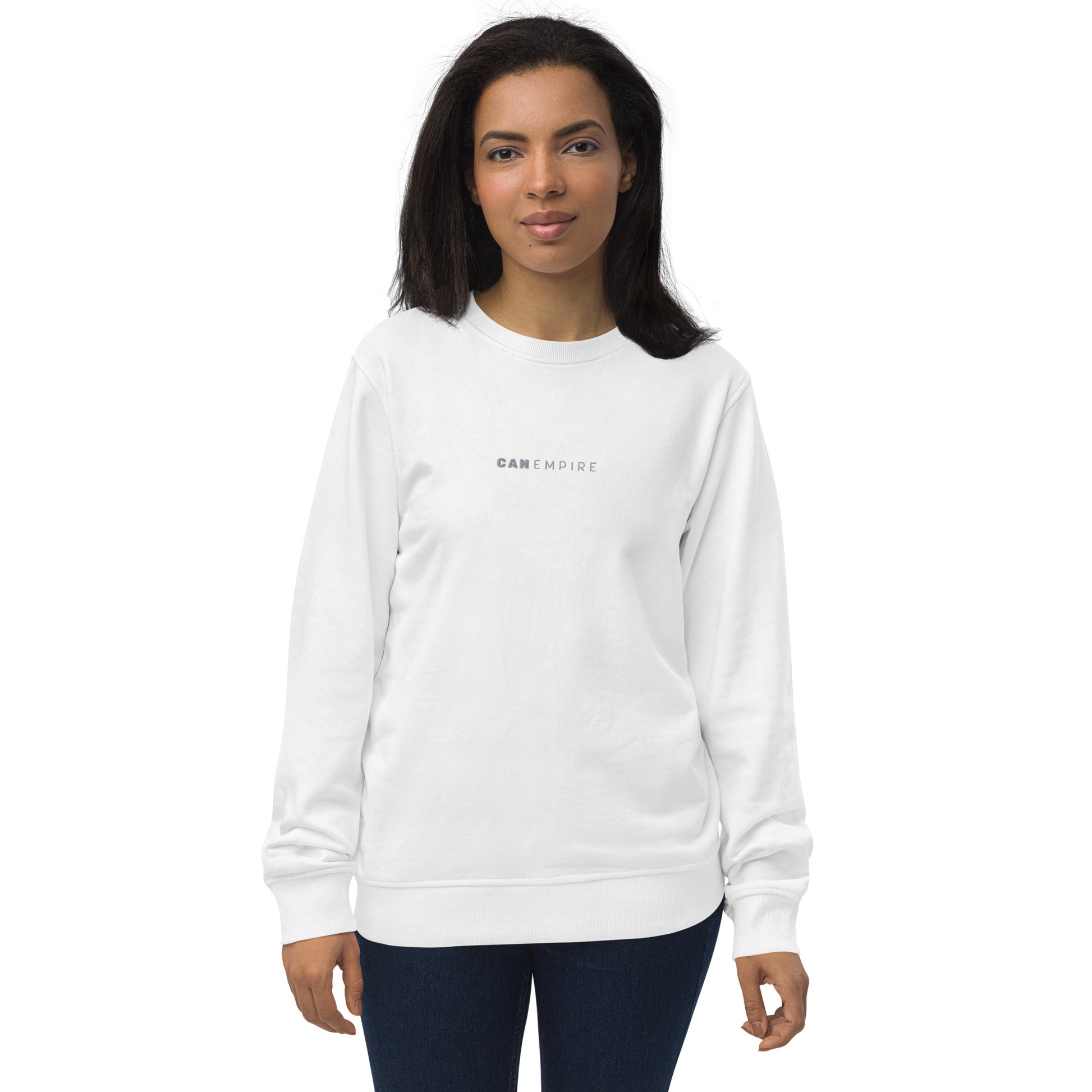 Image of the white sweatshirt from CanEmpire's official merch collection. This sweat features a small and classy logo of CanEmpire in the middle of the chest. Made of organic cotton and recycled polyester, this soft sweatshirt is ideal for cannabis enthusiasts and is available for purchase at www.canempire.ca .
