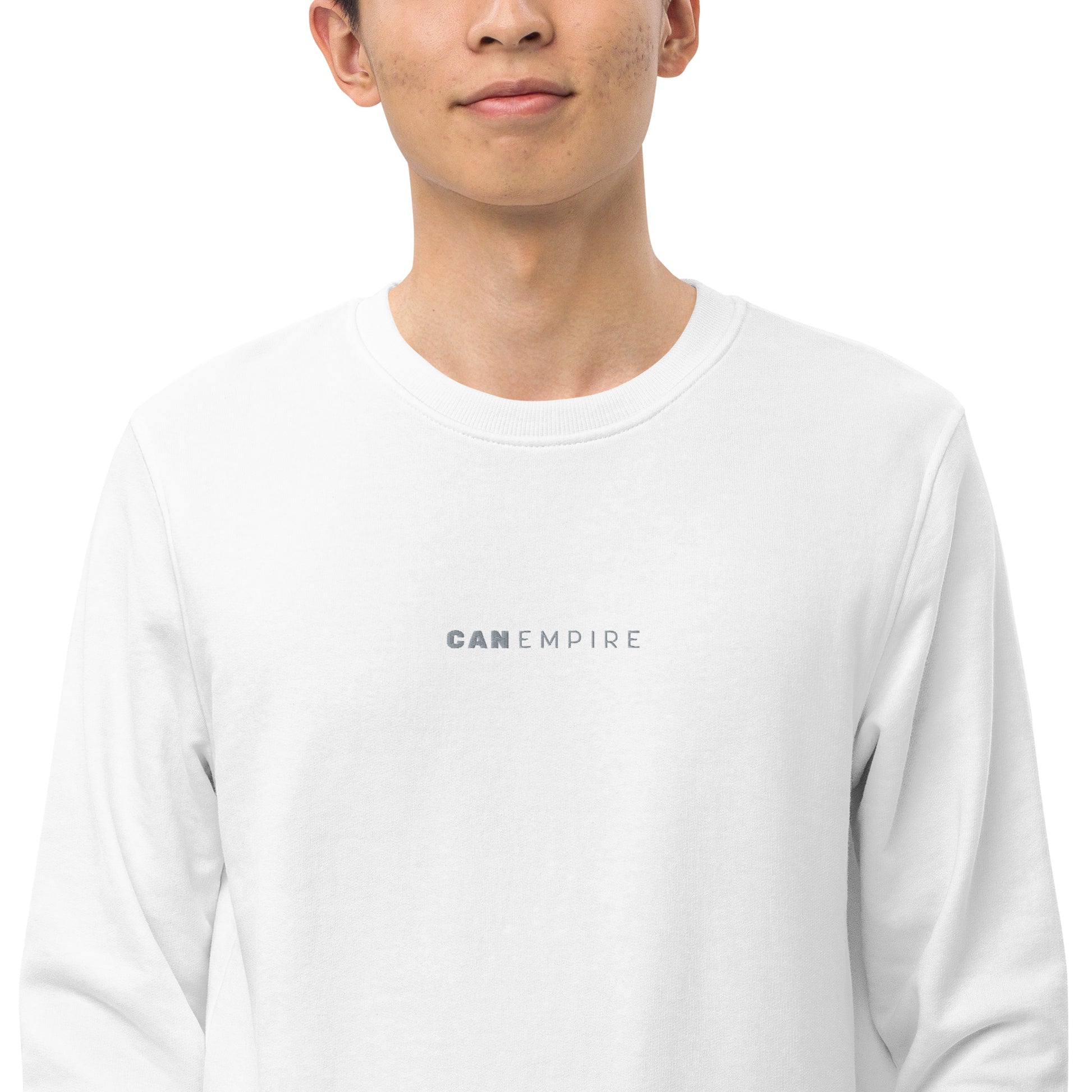 Image of the white sweatshirt from CanEmpire's official merch collection. This sweat features a small and classy logo of CanEmpire in the middle of the chest. Made of organic cotton and recycled polyester, this soft sweatshirt is ideal for cannabis enthusiasts and is available for purchase at www.canempire.ca .