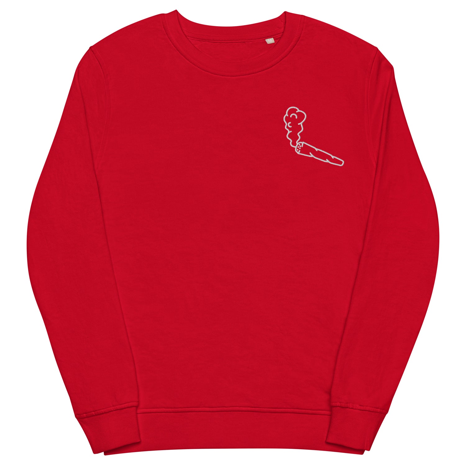Image of the red Doobie Sweatshirt by CanEmpire. This sweatshirt is part of The Ultimate CanGame official merch and features an exclusive embroidered joint design on the heart. Made of organic cotton and recycled polyester, this soft sweatshirt is ideal for cannabis enthusiasts and is available for purchase at www.canempire.ca .