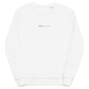 Image of the white sweatshirt from CanEmpire's official merch collection. This sweat features a small and classy logo of CanEmpire in the middle of the chest. Made of organic cotton and recycled polyester, this soft sweatshirt is ideal for cannabis enthusiasts and is available for purchase at www.canempire.ca .
