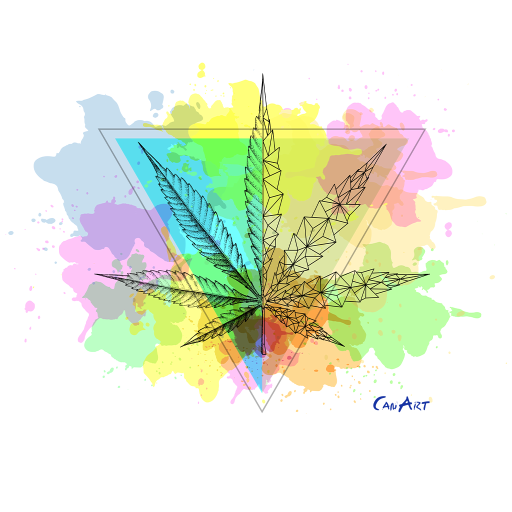 Image de la tapisserie murale Rainbow Leaf de CanEmpire arborant une feuille de cannabis abstraite. Ce drapeau mural coloré de 150 cm par 100 cm offrira un nouveau look à votre demeure.