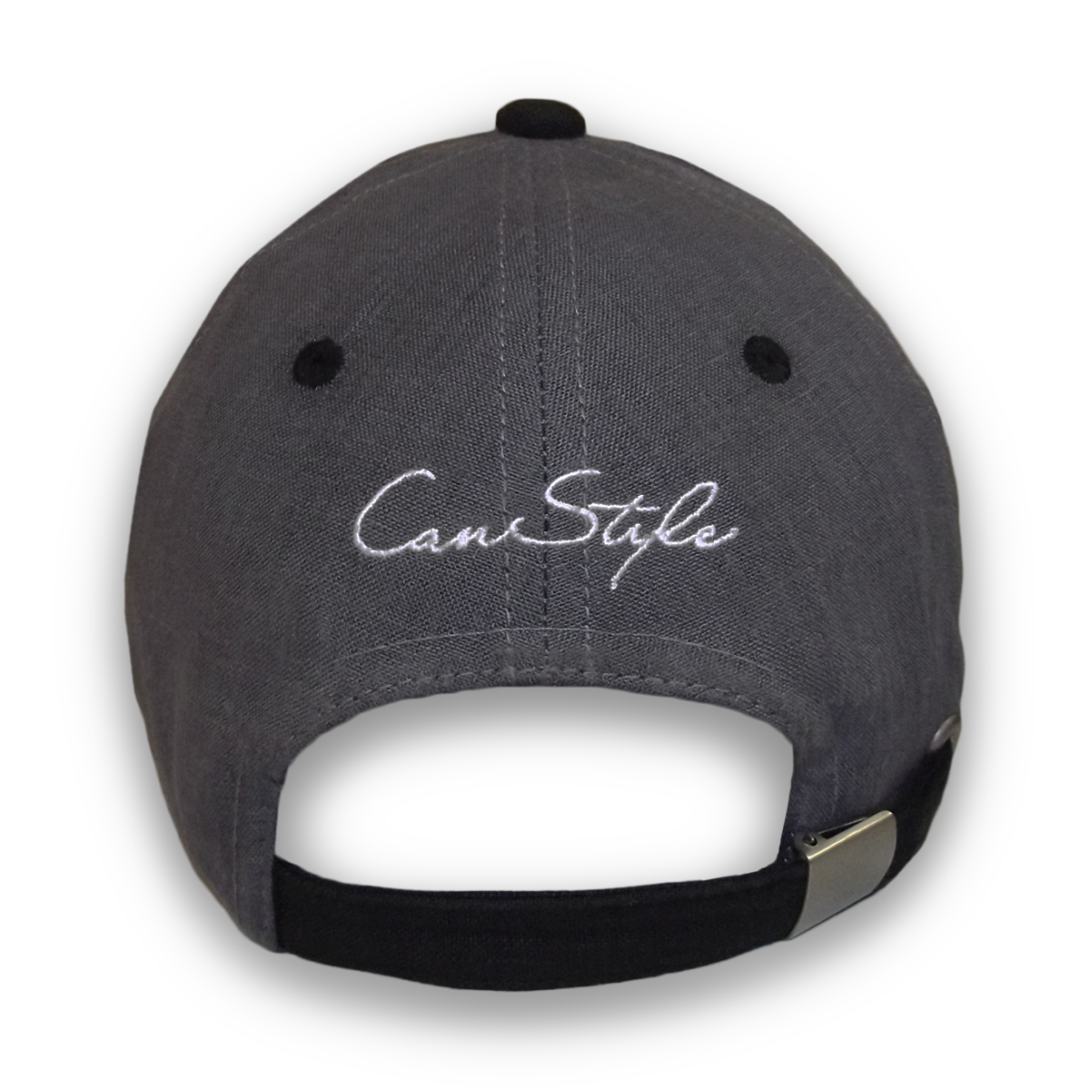 Image de la casquette #CanStyle en chanvre de CanEmpire. Grâce à son tissu composé à 100% de chanvre, la casquette noire & grise offre des propriétés thermorégulatrices & de protection UV.